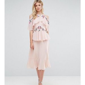 Embroidered Cold Shoulder Open Back Midi Dress